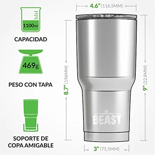 Greens Steel ▫️ Beast Tumbler – 1100 ml (40 oz), Rosa Ponqué | Copo reutilizável em aço inoxidável com isolamento a vácuo | com 2 palhinhas e escova de limpeza | Garrafa térmica de viagem de parede dupla 4