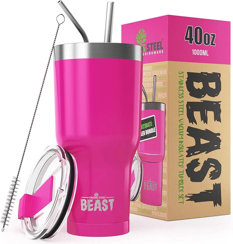 Greens Steel ▫️ Beast Tumbler – 1100 ml (40 oz), Rosa Ponqué | Copo reutilizável em aço inoxidável com isolamento a vácuo | com 2 palhinhas e escova de limpeza | Garrafa térmica de viagem de parede dupla