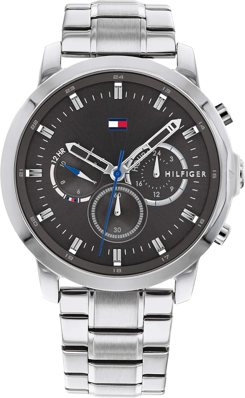 Tommy Hilfiger ▫️ Relógio analógico de quartzo multifunções para homem, com bracelete em aço inoxidável ou pele