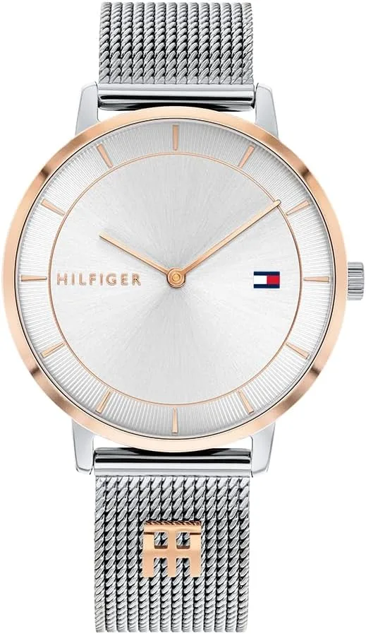 Relógio de quartzo analógico Tommy Hilfiger para mulher com bracelete em malha de aço inoxidável - Disponível em prateado, dourado, rosa dourado ou azul-marinho