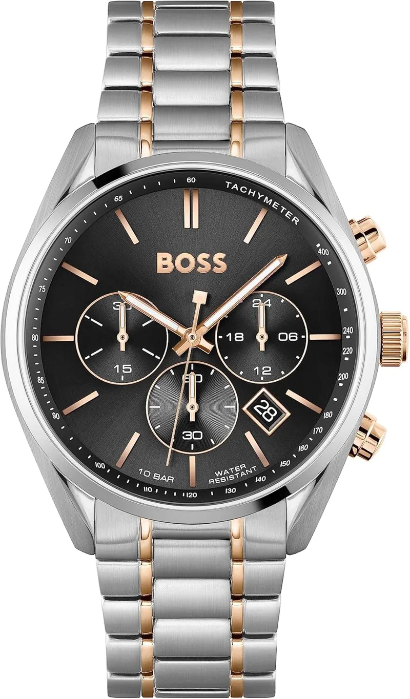 BOSS ▫️ Relógio cronógrafo de quartzo para homem, 44 mm, coleção Champion, com bracelete em aço inoxidável ou em pele, função de data, 3 submostradores, resistência à água de 10 ATM