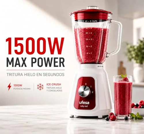 Ufesa ▫️ BS4717 Ruby Red Batedeira com Copo, Potência Máxima de 1500 W, Copo de Vidro de 1,5 L, 2 velocidades + função Pulse, fecho hermético, picador de gelo, 4 lâminas de aço inoxidável, sem BPA, branco/vermelho 2