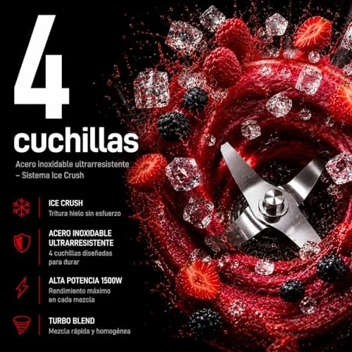 Ufesa ▫️ BS4717 Ruby Red Batedeira com Copo, Potência Máxima de 1500 W, Copo de Vidro de 1,5 L, 2 velocidades + função Pulse, fecho hermético, picador de gelo, 4 lâminas de aço inoxidável, sem BPA, branco/vermelho 3