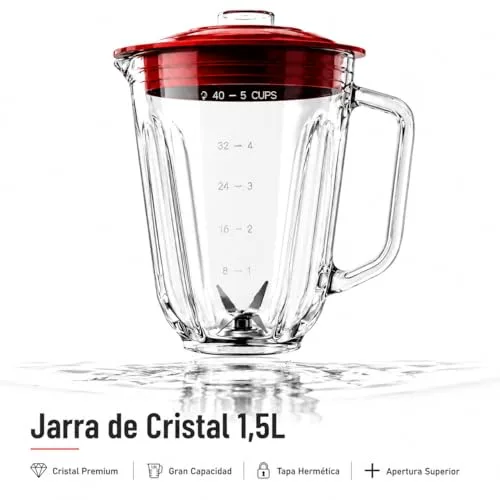 Ufesa ▫️ BS4717 Ruby Red Batedeira com Copo, Potência Máxima de 1500 W, Copo de Vidro de 1,5 L, 2 velocidades + função Pulse, fecho hermético, picador de gelo, 4 lâminas de aço inoxidável, sem BPA, branco/vermelho 4