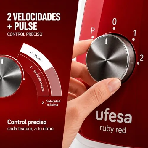 Ufesa ▫️ BS4717 Ruby Red Batedeira com Copo, Potência Máxima de 1500 W, Copo de Vidro de 1,5 L, 2 velocidades + função Pulse, fecho hermético, picador de gelo, 4 lâminas de aço inoxidável, sem BPA, branco/vermelho 5