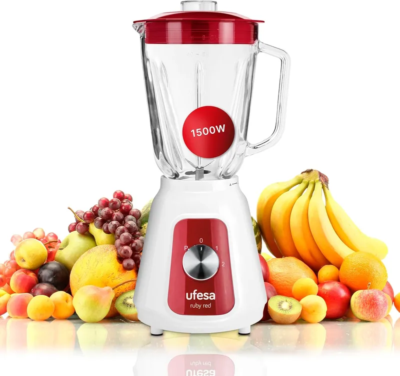 Ufesa ▫️ BS4717 Liquidificador de vidro vermelho rubi, 1500 W de potência máxima, jarro de vidro de 1,5 L, 2 velocidades + pulsação, vedação hermética, triturador de gelo, 4 lâminas de aço inoxidável, sem BPA, branco/vermelho