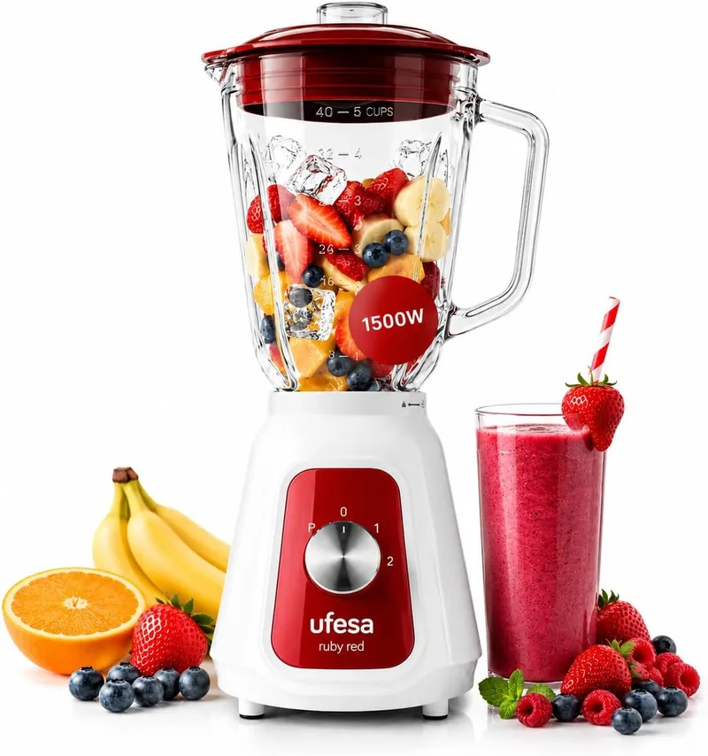 Ufesa ▫️ BS4717 Ruby Red Batedeira com Copo, Potência Máxima de 1500 W, Copo de Vidro de 1,5 L, 2 velocidades + função Pulse, fecho hermético, picador de gelo, 4 lâminas de aço inoxidável, sem BPA, branco/vermelho