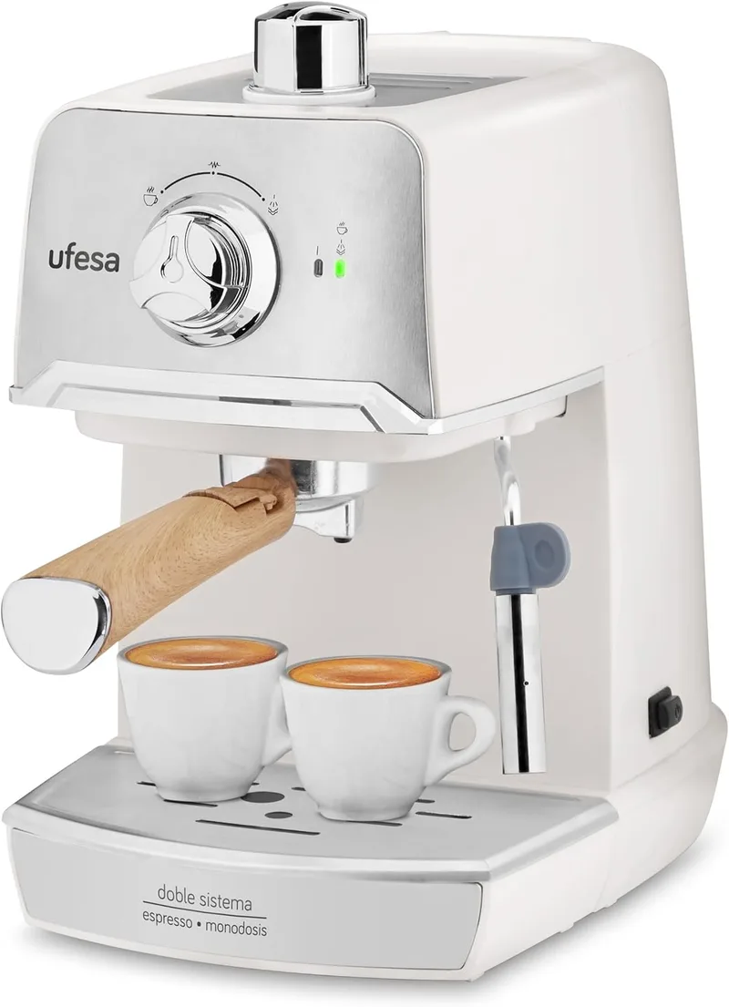Cafeteira Expresso e Cappuccino Ufesa CE7238 Creme, com vapor orientável, 20 barras, 2 modos: café moído ou dose única, depósito de 1,2 l, função de aquecimento de chávenas, 850 W, Creme