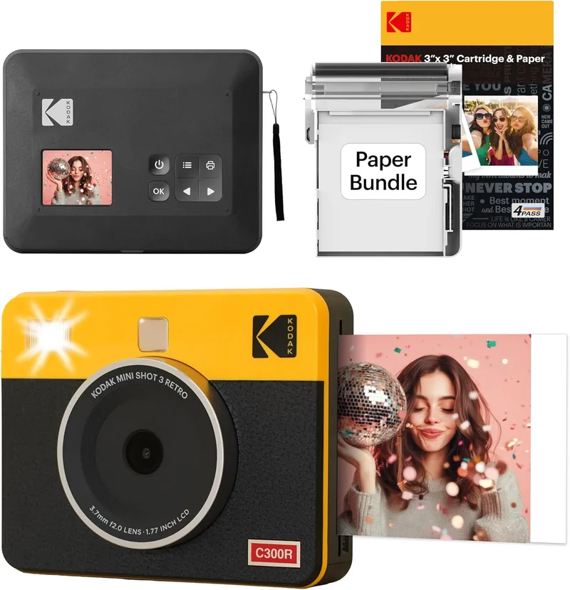 KODAK ▫️ Mini Shot 3 Retro Digital Instant Camera & 2-in-1 Photo Printer 7,6 x 7,6 cm, 38 folhas, câmara portátil com impressão, impressora Bluetooth para iOS e Android, sublimação 4PASS, amarelo