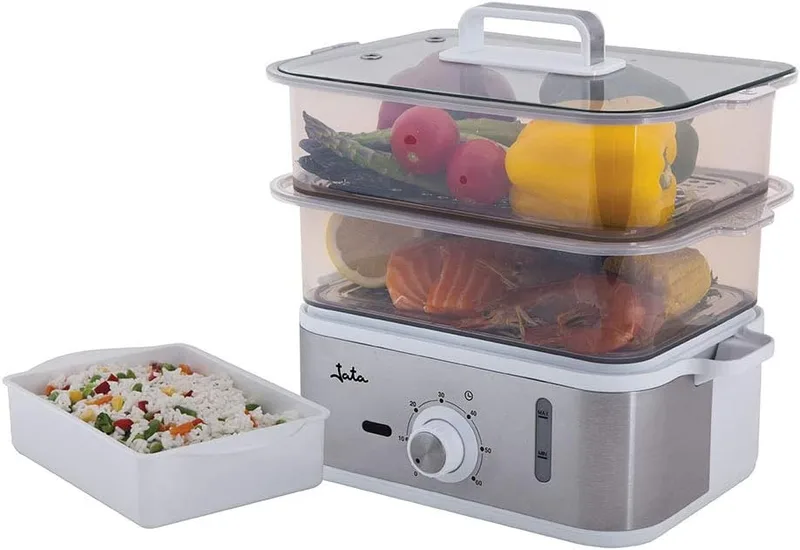 Jata ▫️ CV623 Panela a Vapor para uma Alimentação Saudável com 2 cestos, capacidade de 6,8 L, Reservatório de água de 1,2 L, inclui recipiente para arroz ou molhos, temporizador até 60 minutos, corpo em aço inoxidável, sem BPA, 800 W