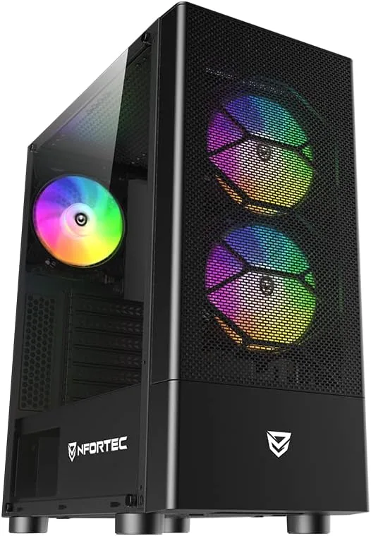 Nfortec ▫️ Caelum Caixa para PC Gaming ATX com frente em malha, 3 ventoinhas RGB, vidro temperado, filtros antipó, USB-C – Cor preta