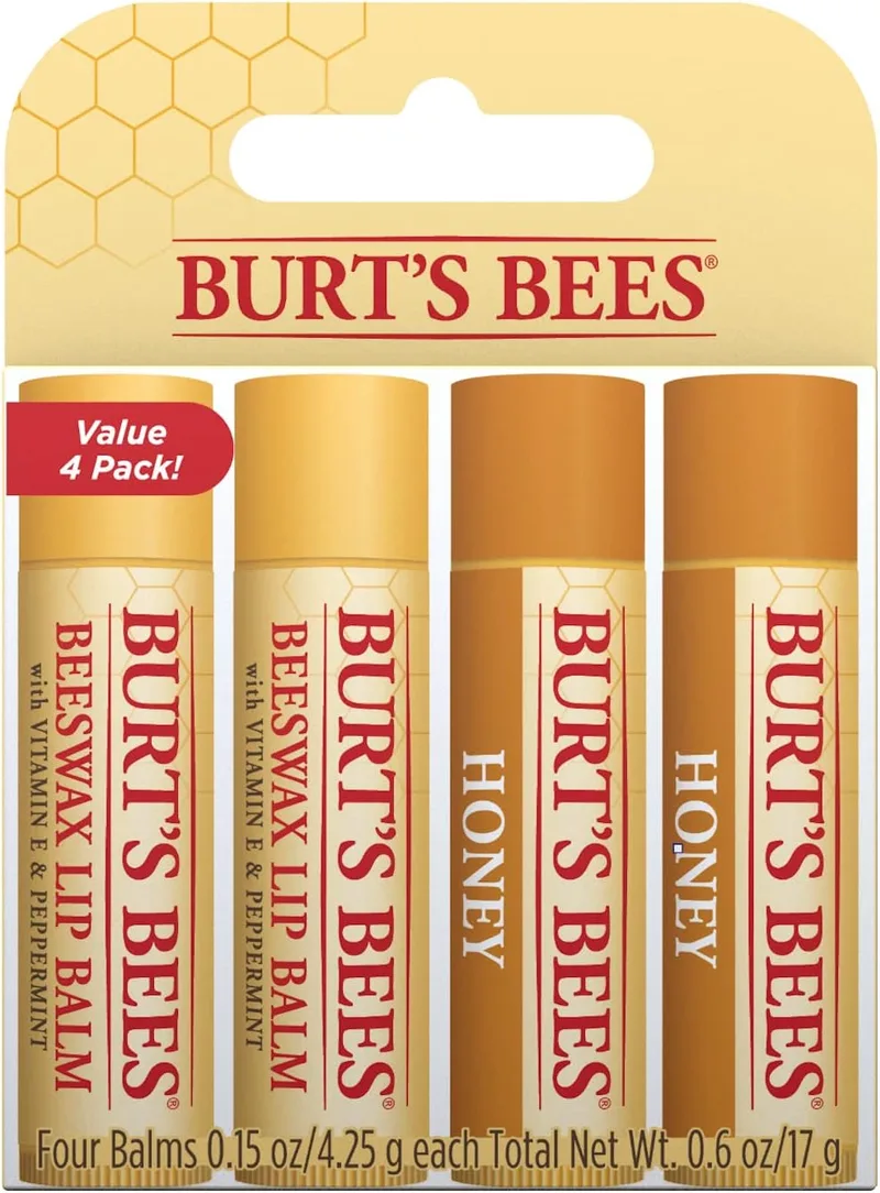 Burt's Bees ▫️ Lip Balm Multi-Pack, Bálsamo labial hidratante com cera de abelha e mel, embalagem económica, 4 x 4,25 gramas