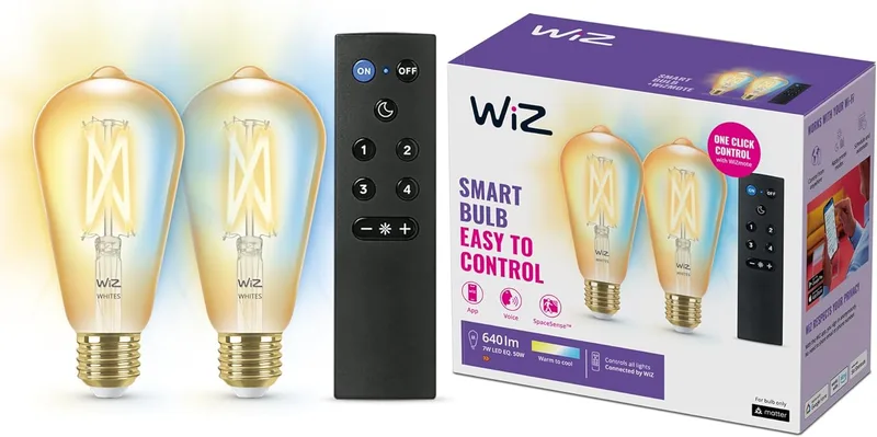 WiZ ▫️ Lâmpada LED inteligente Wi-Fi de 6,7 W (equivalente a 50 W) ST64 com casquilho E27, filamento âmbar, luz branca regulável, com tecnologia SpaceSense e compatível com Alexa e Google Home