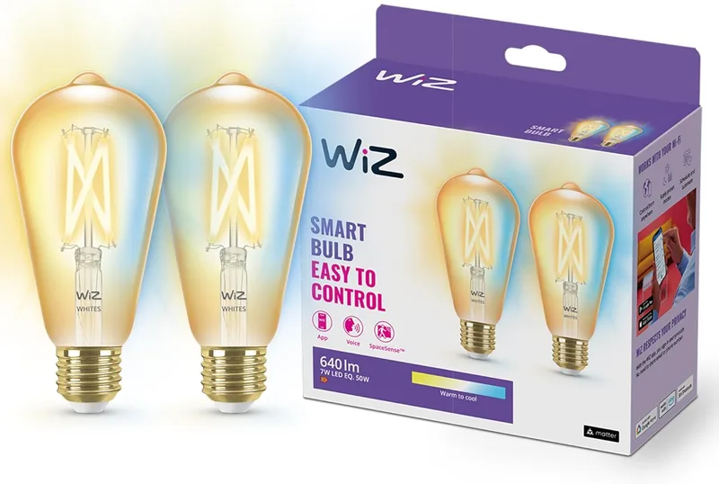 WiZ ▫️ Lâmpada inteligente LED de filamento com Wi-Fi, 6,7 W (equivalente a 50 W), E27 ST64, luz branca regulável de quente a fria, com tecnologia SpaceSense e compatível com Alexa e Google Home - Conjunto de 2