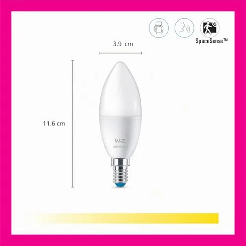 WiZ ▫️ Lâmpada LED inteligente Wi-Fi, tipo vela, 4,9 W (equivalente a 40 W), casquilho E14, luz branca e colorida, com tecnologia SpaceSense e compatível com a Alexa e o Google Home - Conjunto de 2 3