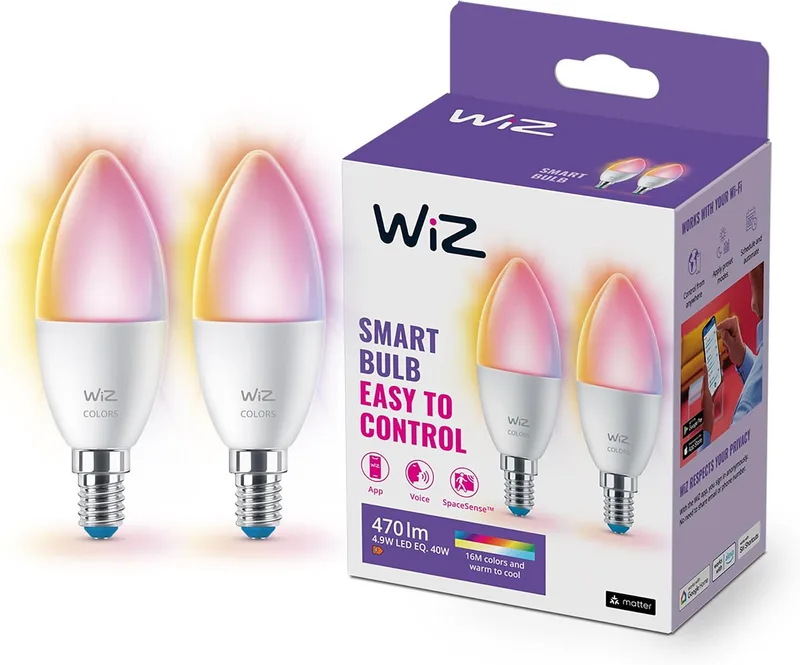 WiZ ▫️ Lâmpada LED inteligente Wi-Fi, tipo vela, 4,9 W (equivalente a 40 W), casquilho E14, luz branca e colorida, com tecnologia SpaceSense e compatível com a Alexa e o Google Home - Conjunto de 2