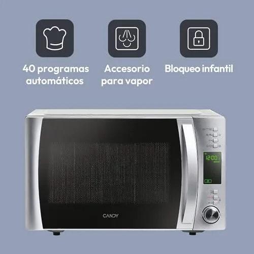 CANDY ▫️ X-Range CMXG22DS/ST, Micro-ondas com grelha, 22 L, 1250 W, 5 níveis, digital, 40 programas, bloqueio, prato de 25,5 cm, grelha, acessório para cozinhar a vapor, cozedura rápida, temporizador, aplicação Simply-Fi, aço inoxidável 3