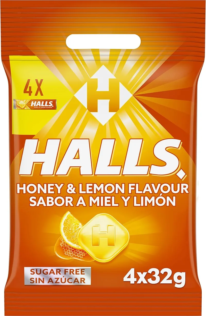 HALLS ▫️ Rebuçados com sabor a mel e limão, sem açúcar, embalagem de 4 x 32g