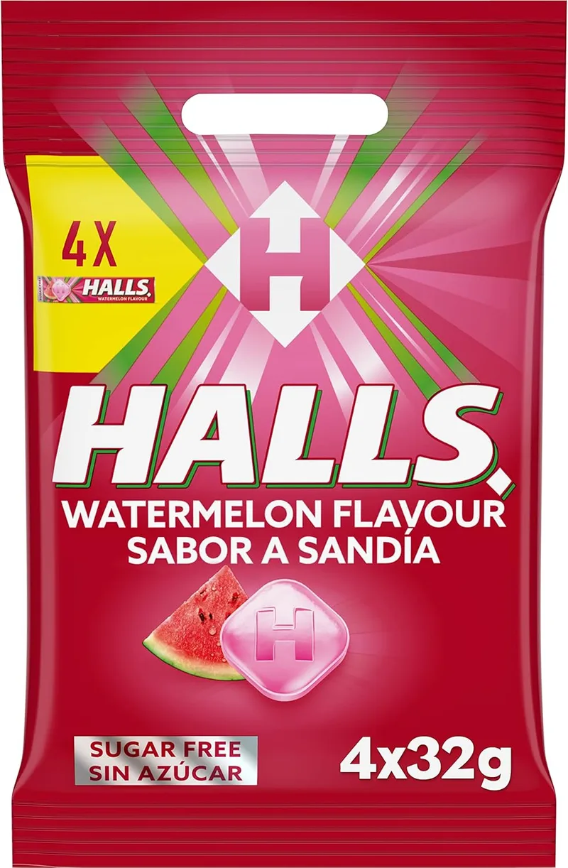 Respiral ▫️ Halls Doces com sabor a melancia, sem açúcar, embalagem de 4 x 32g