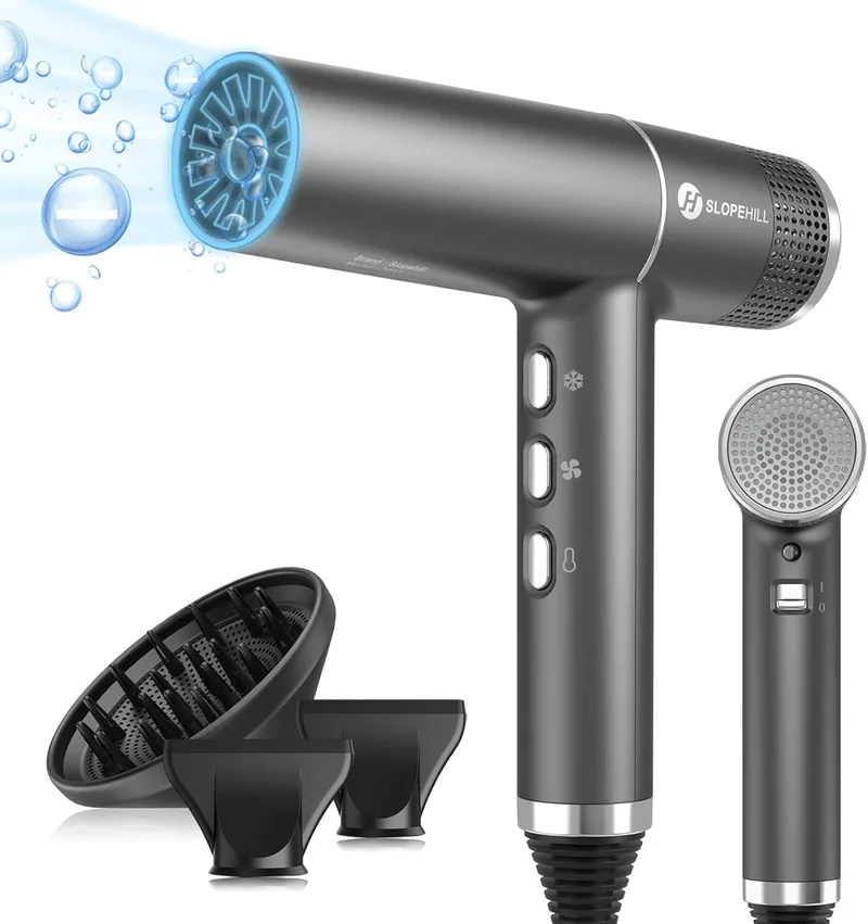 slopehill ▫️ Secador de cabelo, Secador de cabelo profissional iônico com motor sem escovas exclusivo | Microfiltro inovador | Tecnologia Oxy Activo | Ecrã LED | Design ultraleve de 268 g, 2000 W (cinzento)