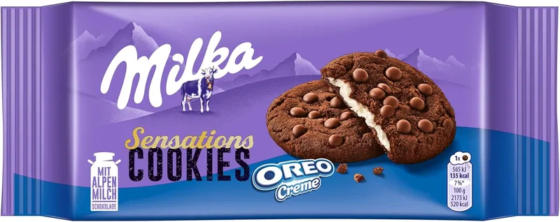 Milka ▫️ Sensations Oreo Creme, bolachas de chocolate com recheio de Oreo Creme, embalagem de 156 gramas
