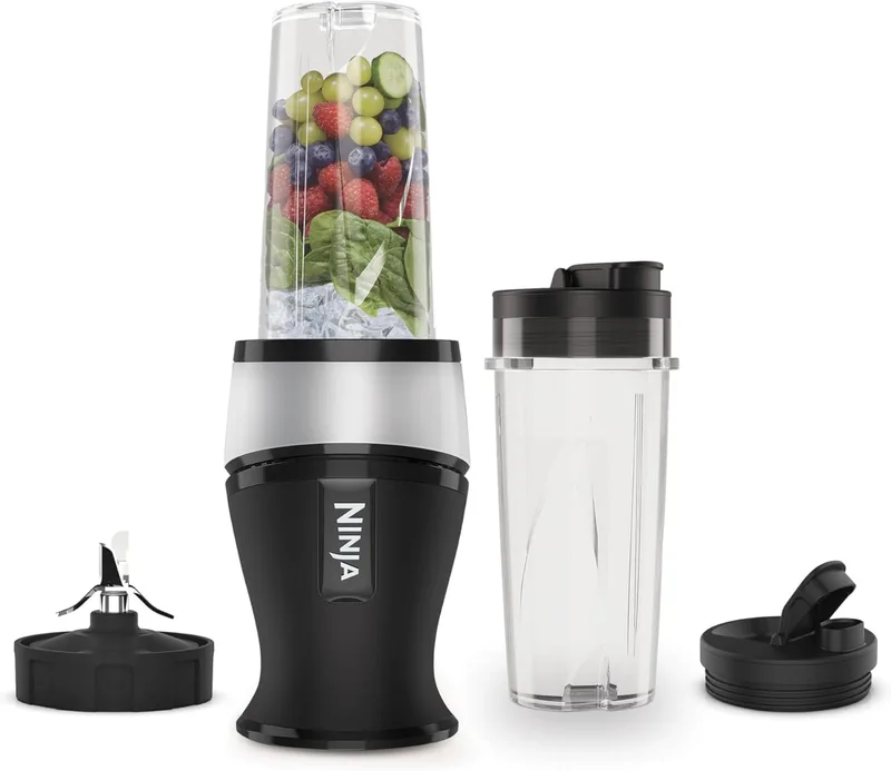 Ninja ▫️ Liquidificador Slim Smoothie, 700 Watt, 2 copos de 470 ml com tampa de bocal, liquidificador único, tritura gelo e fruta congelada, em prateado e preto, QB3001EUS