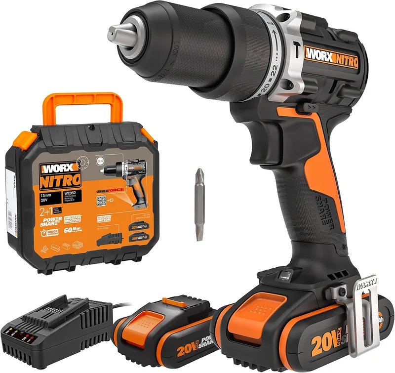 WORX ▫️ Berbequim de percussão a bateria 20 V máx. | WX352 | Motor sem escovas | Power Share | 2 baterias de 2 Ah | Carregador e mala de transporte | Porta-brocas metálico, caixa de engrenagens metálica