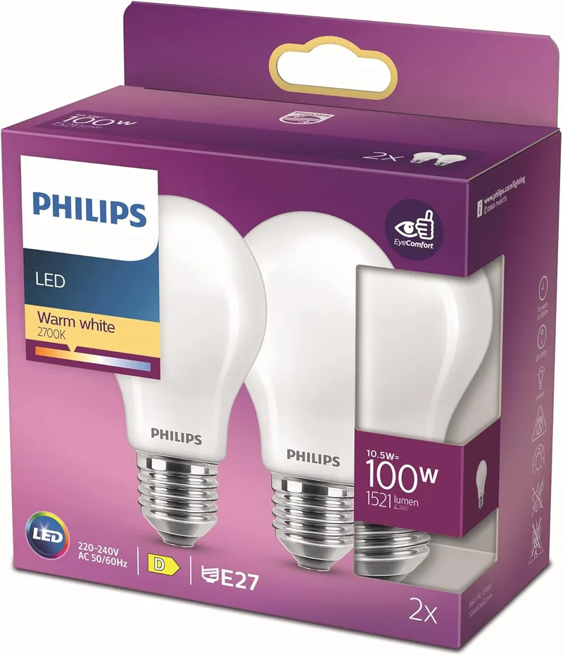 Philips ▫️ Lâmpada LED Crystal, 100W, E27, normal, mate, luz branca quente, não regulável, embalagem de 2 unidades