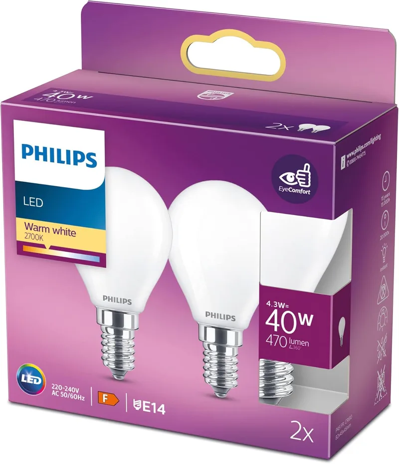 PHILIPS ▫️ Lâmpada LED de cristal, 40 W, E14, mate, luz branca quente, não regulável, 2 unidades (embalagem de 1)
