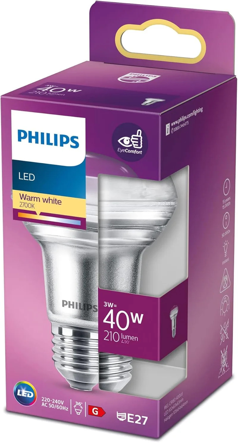 Philips ▫️ Lâmpada reflectora LED 3W (Eq. 40W) Luz quente (2700k) - Proteja a sua visão com EyeConfort