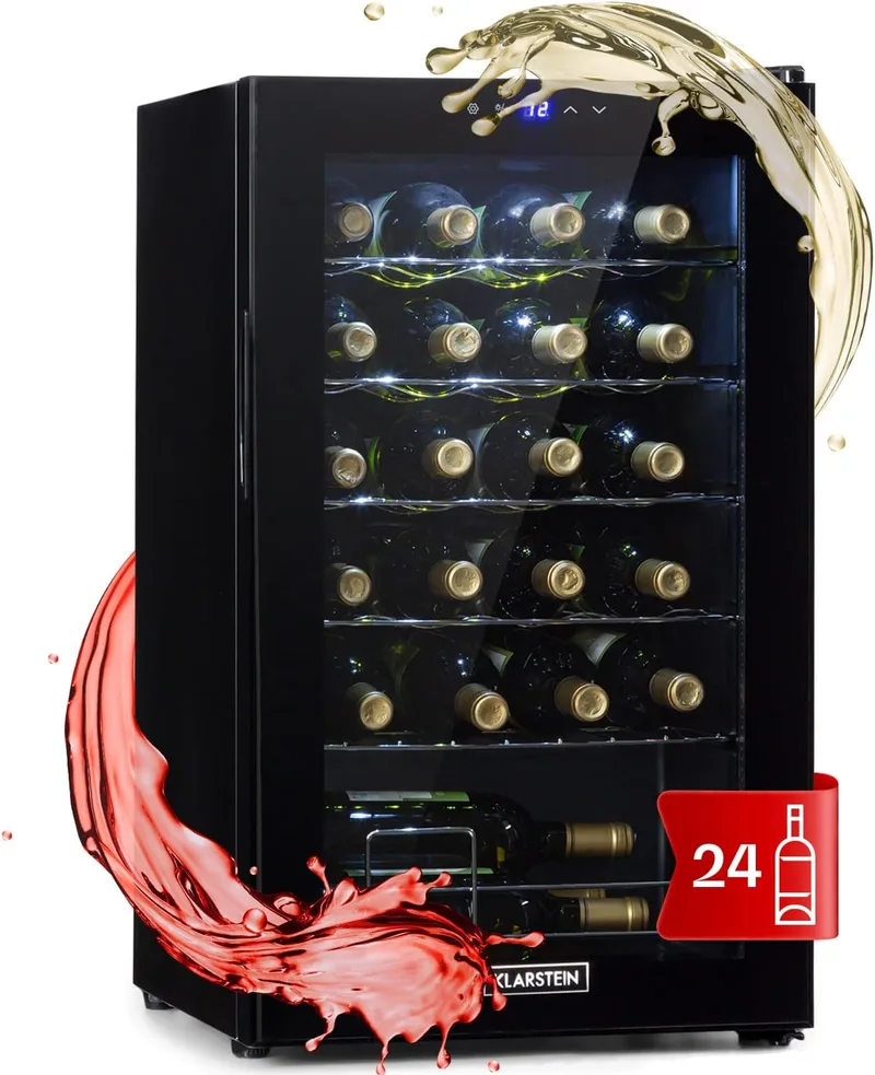 KLARSTEIN ▫️ Refrigerador de vinhos, frigorífico para vinhos com 1 zona de refrigeração, vinho, cerveja, prosecco, ecrã interior e exterior, painel tátil, 63 L., capacidade do refrigerador de vinhos 24 garrafas