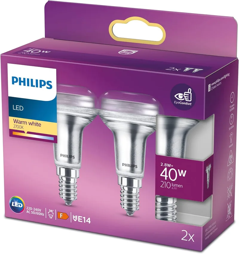Philips ▫️ Lâmpada reflectora LED, 40W, R50 E14, abertura de 36 graus, luz branca quente, não regulável, embalagem de 2 unidades