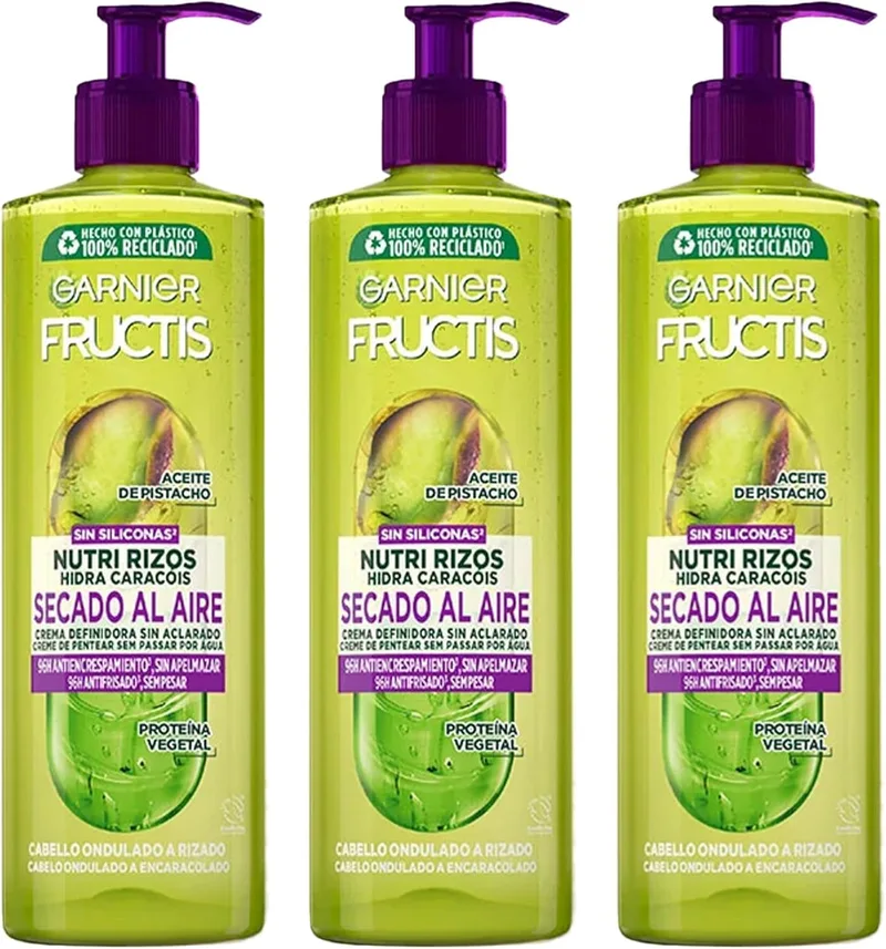 Garnier ▫️ Fructis, Creme sem enxaguamento Nutri Rizos para secagem ao ar, para cabelo encaracolado ou ondulado, com pectina de fruta e óleo de pistácio, nutre e define os teus caracóis sem secador, embalagem de 3 x 400 ml