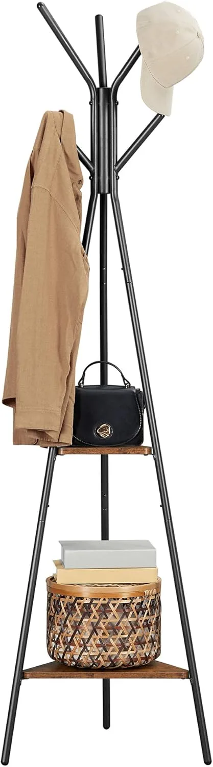 VASAGLE ▫️ Cabideiro, Cabideiro para Casacos, Cabideiro para Chapéus e Casacos, Estilo Industrial, com 2 prateleiras, para roupa, chapéus e malas, Castanho Rústico e Preto RCR16BXV1