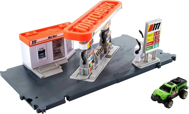 Matchbox ▫️ Conjunto de condutores de ação da estação de serviço para crianças a partir dos 3 anos, com 1 veículo à escala 1:64 e estação de serviço activada manualmente, compatível com outros conjuntos, GVY84