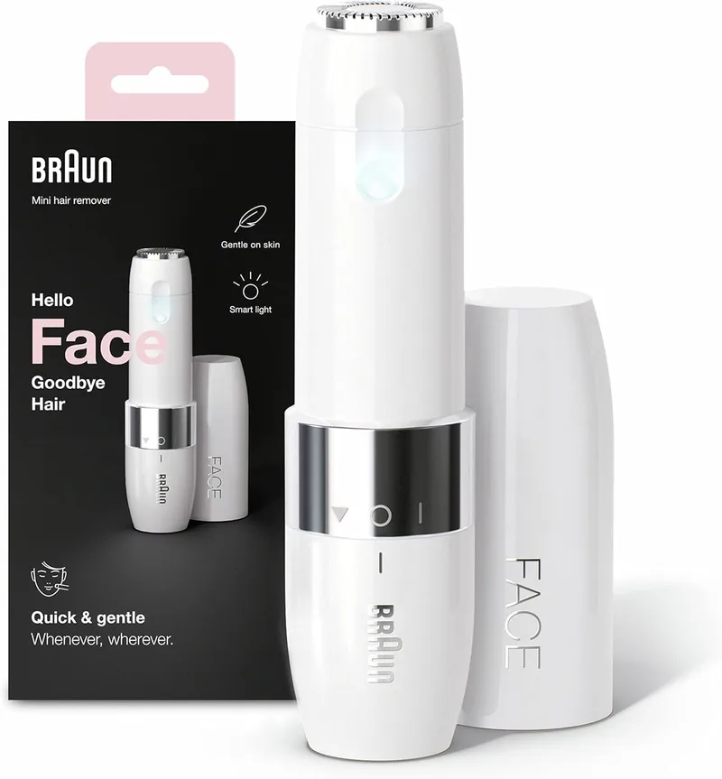 Braun ▫️ Mini depiladora facial FS1000 para mulheres, com luz inteligente incorporada, máquina de barbear de precisão, depilação dos lábios superiores, queixo e bochechas, branca