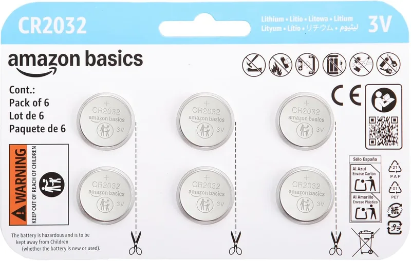 Amazon Basics ▫️ Embalagem de 6 pilhas de lítio CR2032 de longa duração, 3 volts, sem mercúrio