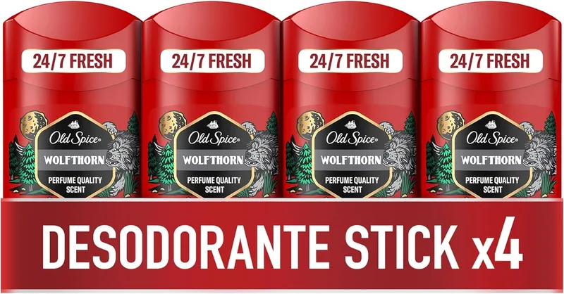 Old Spice ▫️ Wolfthorn Men's Deodorant Stick 4x50 ml, Frescura 24 horas, Uso diário, Fragrância duradoura, Fragrância excecional, Proteção contra odores