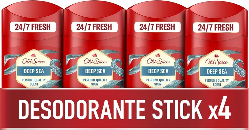 Old Spice ▫️ Deep Sea Men's Deodorant Stick 4x50ml, Frescura 24 horas, Uso diário, Fragrância de longa duração, Fragrância excecional, Proteção contra odores