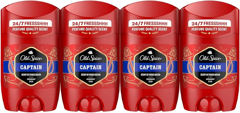 Old Spice ▫️ Captain Men's Deodorant Stick 4x50 ml, 24 horas de frescura, uso diário, fragrância duradoura, proteção contra odores, 0% sais de alumínio