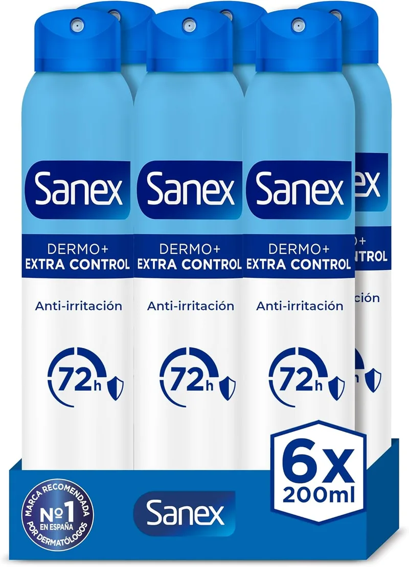 Sanex ▫️ Dermo Extra Control Desodorizante Spray, embalagem de 6 x 200 ml, com Óxido de Zinco Antibacteriano, até 72H de Proteção contra o Suor e o Odor, Restaura o pH Natural da Pele.