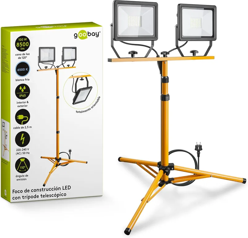 goobay ▫️ Lâmpada LED para obras 49984 - Lâmpada telescópica para construção (dupla cabeça, para uso no interior e no exterior, tripé de metal, luz branca fria), Preto, Amarelo, 2x 50 watts