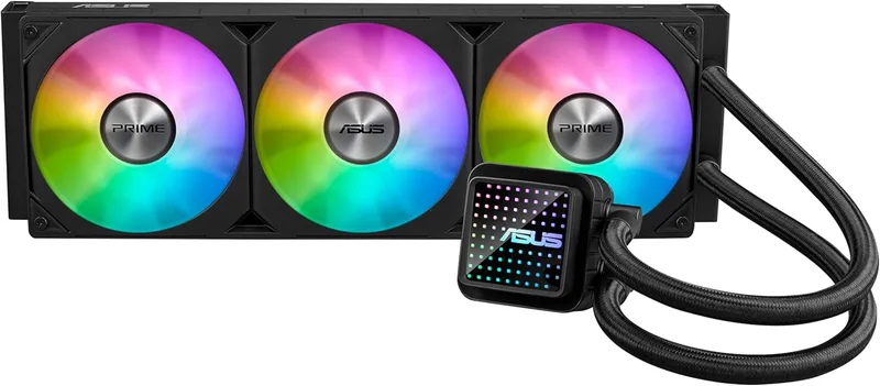 ASUS ▫️ Prime LC 360 ARGB - Refrigerador líquido para CPU tudo-em-um com zona de contacto e canais com alhetas, bloco de água com lentes de espelho infinito e ventoinhas ARGB