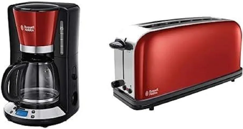 Russell Hobbs ▫️ Máquina de café de gotejamento Colours Plus para 15 chávenas, jarro de vidro de 1,5 L, programável, vermelho 24031-56 + Torradeira Colours Plus com 1 ranhura longa e larga para 2 fatias, aço inoxidável, Vermelho 21391-56
