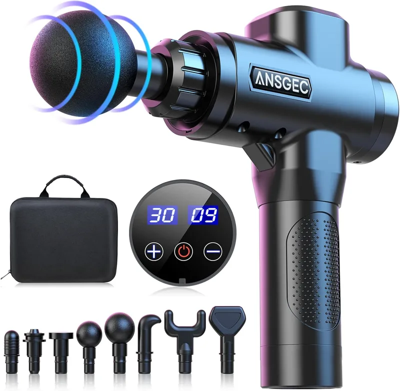 ANSGEC ▫️ Pistola de massagem muscular, pistola de massagem muscular com 30 níveis ajustáveis, potente, ultrassilenciosa e ecrã tátil LCD, 8 cabeças de massagem para relaxamento, recuperação e combate à fadiga