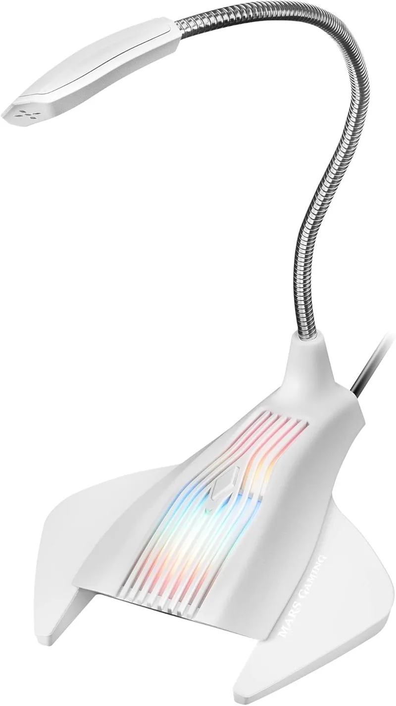 Mars Gaming ▫️ MMIC, Microfone para jogos USB omnidirecional com iluminação RGB Flow, braço flexível, botão de silenciamento, Plug & Play, para streaming e jogos no PC, PS4, PS5 e Mac, branco