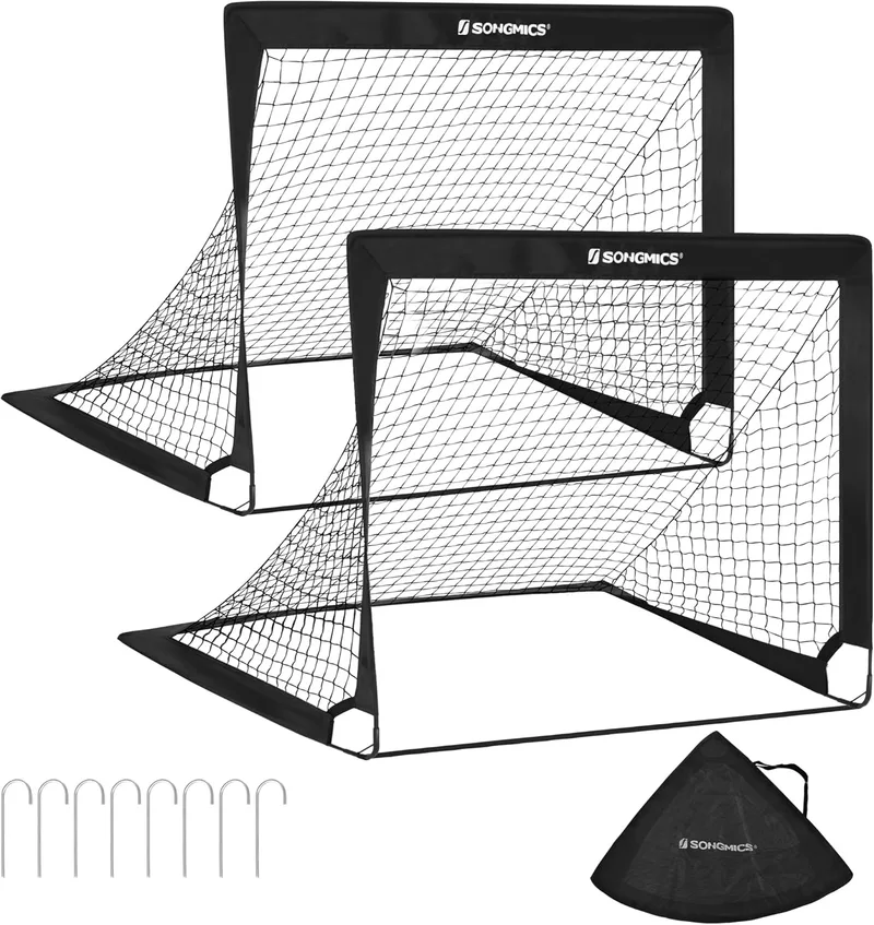 SONGMICS ▫️ Conjunto de 2 balizas de futebol dobráveis para crianças, montagem rápida, para parque, praia, fibra de vidro elástica, Oxford e tecido de poliéster