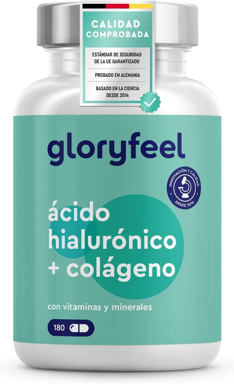 Gloryfeel ▫️ Colagénio + Ácido Hialurónico - Apoio ao cabelo, pele, ossos + sistema imunitário - Fórmula com 1000 mg de colagénio hidrolisado + Vitamina C, Biotina, Zinco, Selénio e outros - 180 Cápsulas
