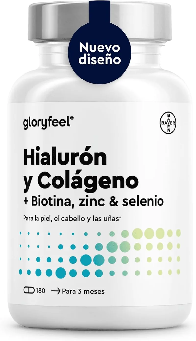 Gloryfeel ▫️ Colagénio + Ácido Hialurónico - Apoio ao cabelo, pele, ossos + sistema imunitário - Fórmula com 1000 mg de colagénio hidrolisado + Vitamina C, Biotina, Zinco, Selénio e outros - 180 Cápsulas