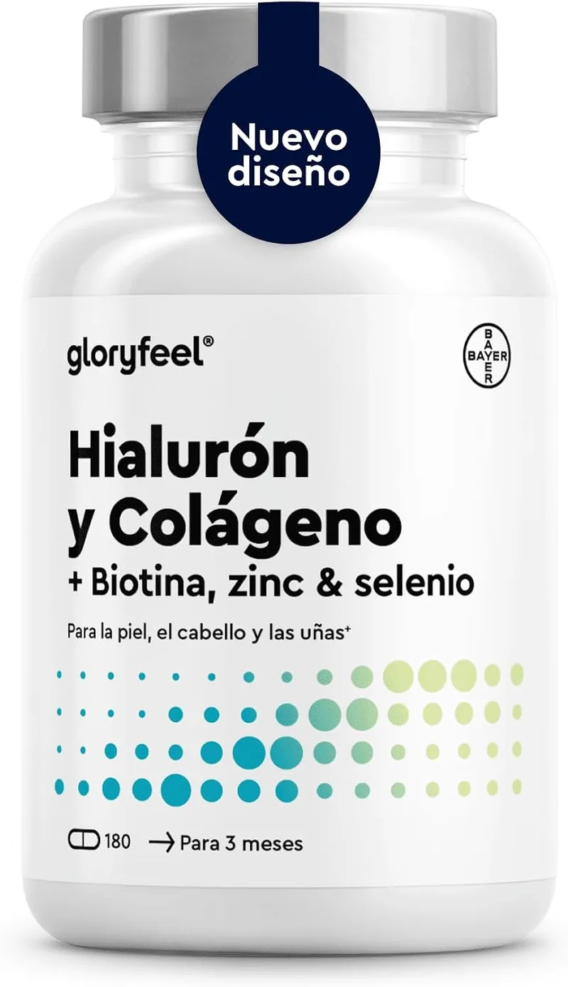 Gloryfeel ▫️ Colagénio + Ácido Hialurónico - Apoio ao cabelo, pele, ossos e sistema imunitário - Fórmula com 1000 mg de colagénio hidrolisado + Vitamina C, biotina, zinco, selénio e outros - 180 cápsulas